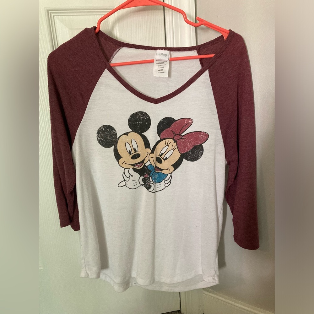 Disney Women’s Mickey & Minnie Maroon and White Raglan Shirt
